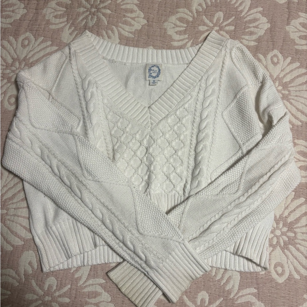 Blue Rain Cream V-Neck Cable Knit Sweater